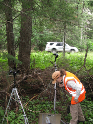 National Park Service staff set up an acoustic recording station as a car passes on Going-to- the-Sun Road in Glacier National Park, Montana. National Park Service